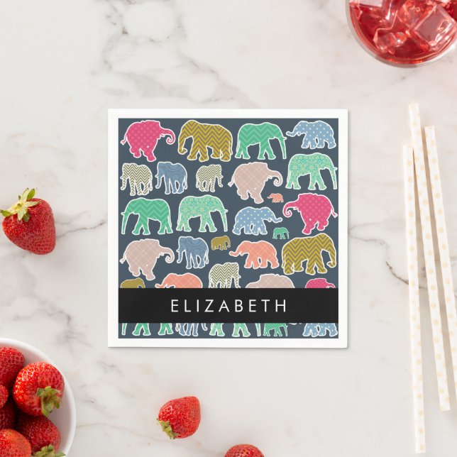 Colourful Elephants, Elephant Pattern, Your Name Napkin (Insitu)