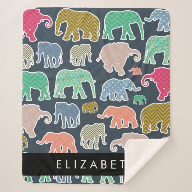 Colourful Elephants, Elephant Pattern, Your Name Sherpa Blanket (Front)