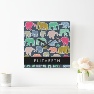 Colourful Elephants, Elephant Pattern, Your Name Square Wall Clock