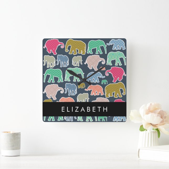 Colourful Elephants, Elephant Pattern, Your Name Square Wall Clock (Home)