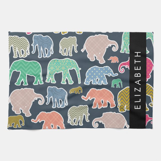 Colourful Elephants, Elephant Pattern, Your Name Tea Towel (Horizontal)