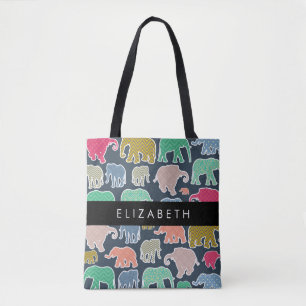 Colourful Elephants, Elephant Pattern, Your Name Tote Bag