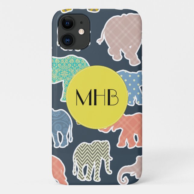Colourful Elephants, Pattern Of Elephants, Monogra Case-Mate iPhone Case (Back)