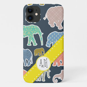 Colourful Elephants, Pattern Of Elephants, Monogra iPhone 11 Case
