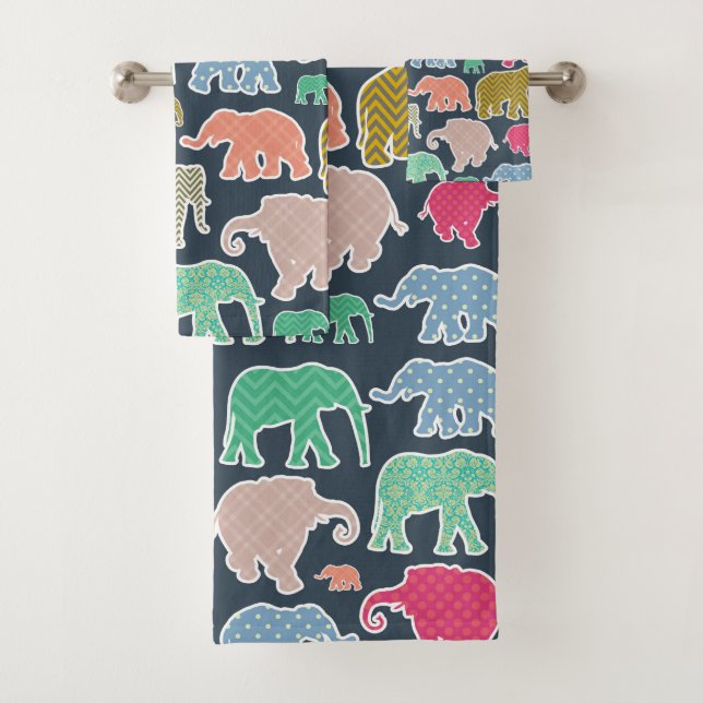Colourful Elephants, Pattern Of Elephants, Zigzag Bath Towel Set (Insitu)