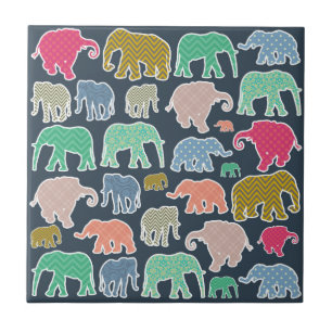 Colourful Elephants, Pattern Of Elephants, Zigzag Ceramic Tile