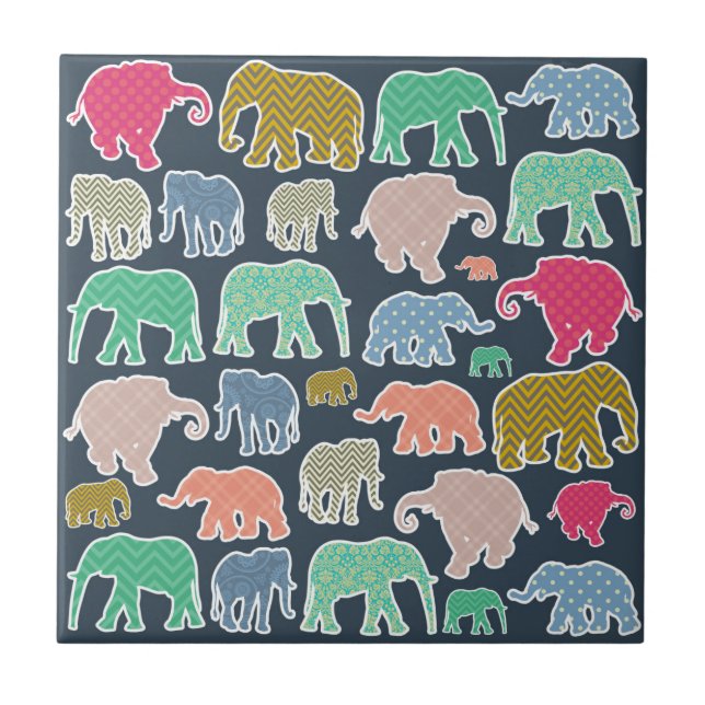 Colourful Elephants, Pattern Of Elephants, Zigzag Ceramic Tile (Front)