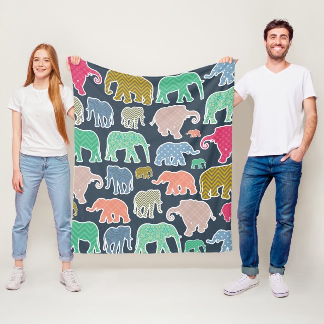 Colourful Elephants, Pattern Of Elephants, Zigzag Fleece Blanket (In Situ)