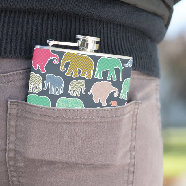 Colourful Elephants, Pattern Of Elephants, Zigzag Hip Flask (In Situ)