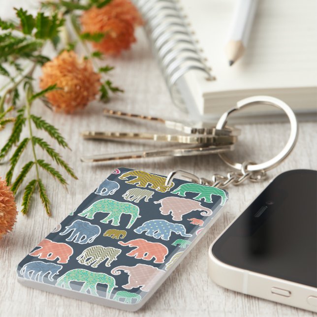 Colourful Elephants, Pattern Of Elephants, Zigzag Key Ring (Front Right)