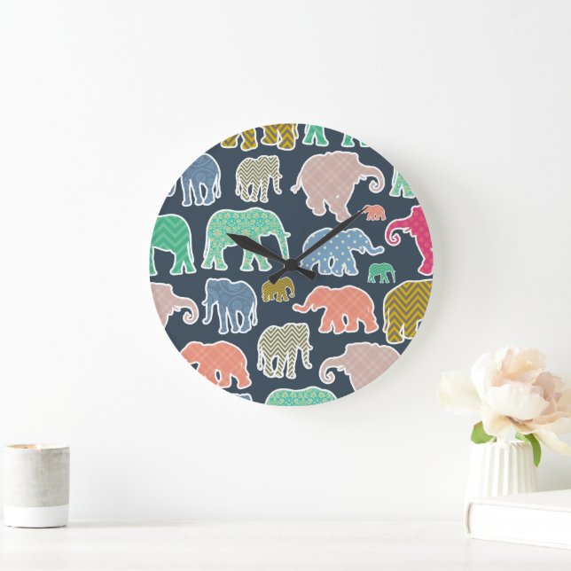 Colourful Elephants, Pattern Of Elephants, Zigzag Large Clock (Home)