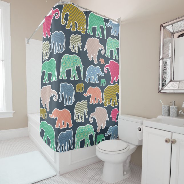 Colourful Elephants, Pattern Of Elephants, Zigzag Shower Curtain (In Situ)