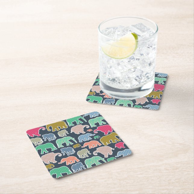 Colourful Elephants, Pattern Of Elephants, Zigzag Square Paper Coaster (Insitu)