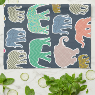 Colourful Elephants, Pattern Of Elephants, Zigzag Tea Towel
