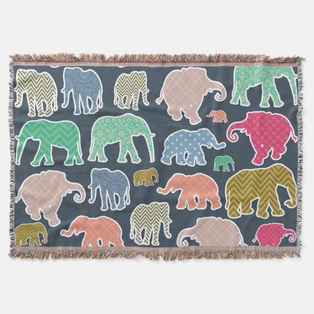 Colourful Elephants, Pattern Of Elephants, Zigzag Throw Blanket (Front)