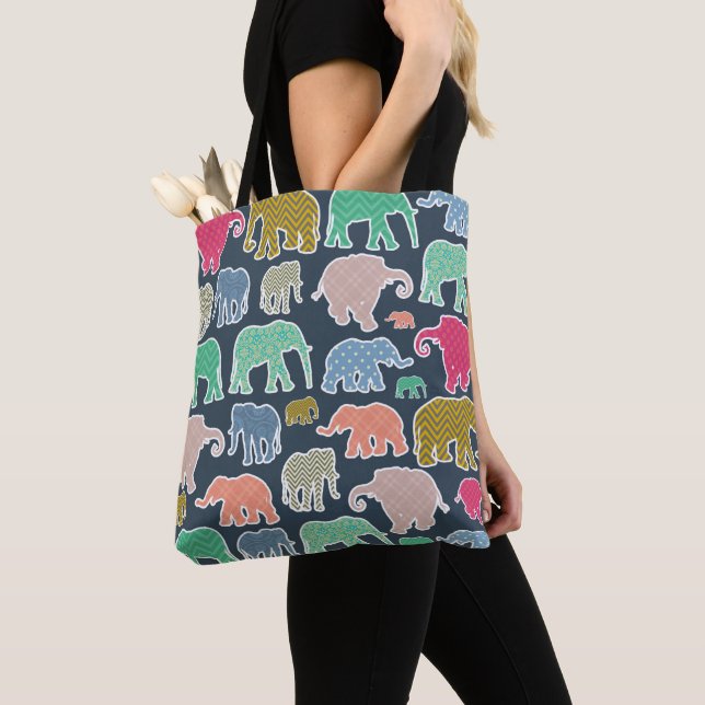 Colourful Elephants, Pattern Of Elephants, Zigzag Tote Bag (Close Up)