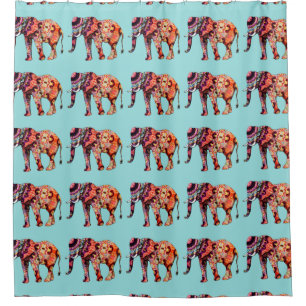 Colourful Elephants Tiled on a Blue Background Shower Curtain