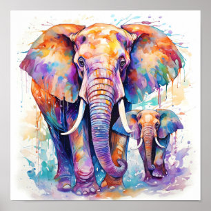 Colourful Elephants Watercolor Painting  Poster