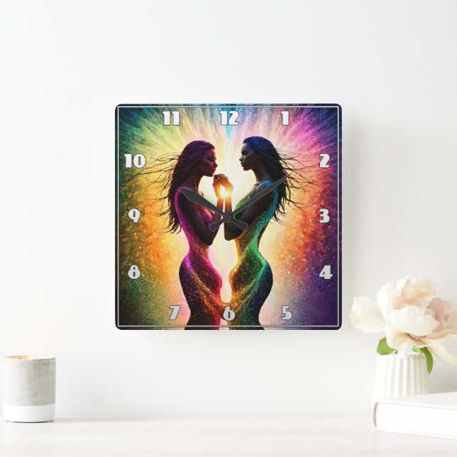 Colourful Embrace of Two Figures in Abstract Art Square Wall Clock (Home)