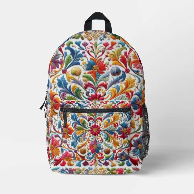 Colourful Embroidery Looking Floral Design Printed Backpack (Front)