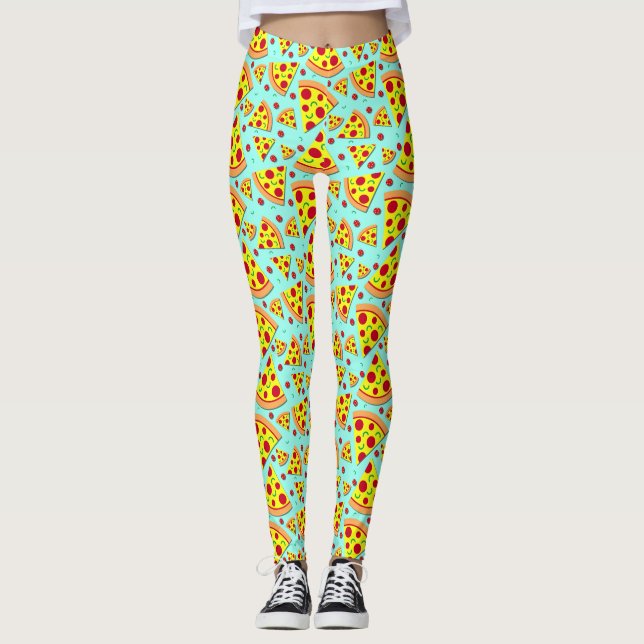 Colourful Emoji Food Pepperoni Pizza Slices Printe Leggings (Front)