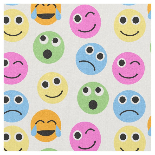 Colourful Emojis Emoticon Faces Patterned Print Fabric (Close Up)
