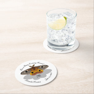 Colourful Emperor Moth Monogram Round Paper Coaster