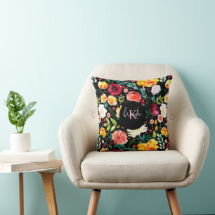 Colourful English garden flowers pattern monograms Cushion