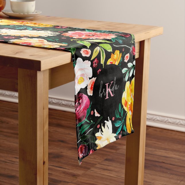 Colourful English garden flowers pattern monograms Long Table Runner (In Situ)