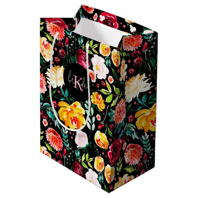 Colourful English garden flowers pattern monograms Medium Gift Bag (Back Angled)