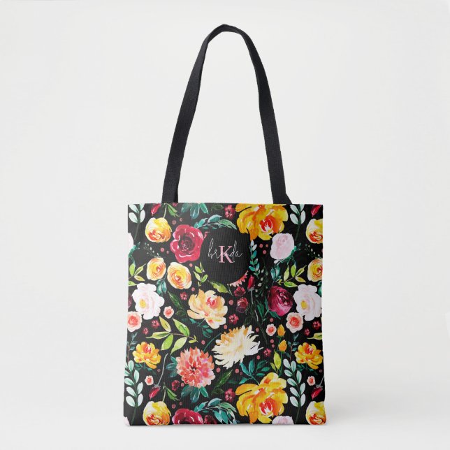 Colourful English garden flowers pattern monograms Tote Bag (Front)