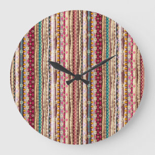 Colourful Ethnic Boho Tribal Pattern Large Clock