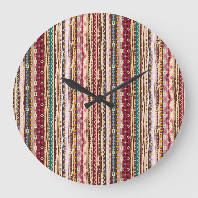 Colourful Ethnic Boho Tribal Pattern Large Clock (Front)