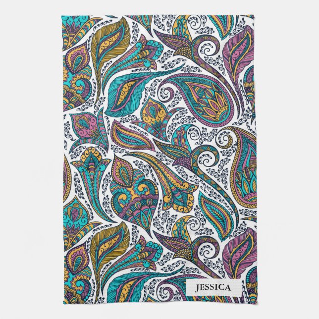 Colourful ethnic floral paisley tea towel (Vertical)