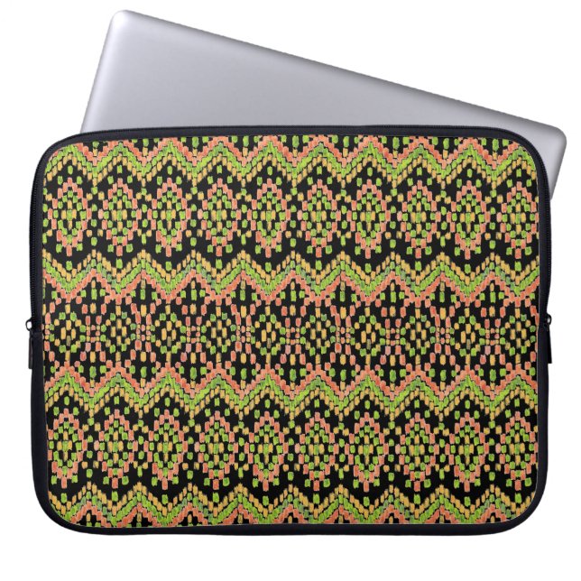 Colourful Ethnic Ikat Pattern on Black Laptop Sleeve (Front)