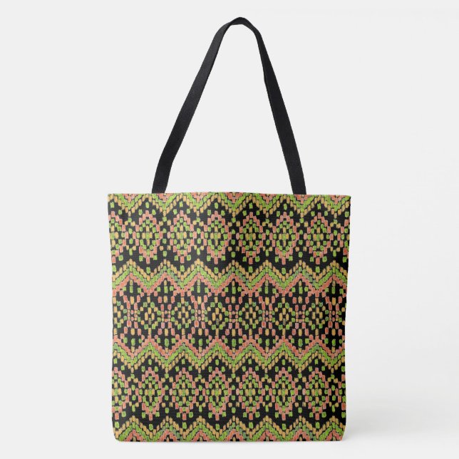 Colourful Ethnic Ikat Pattern on Black Tote Bag (Front)