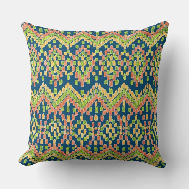 Colourful Ethnic Ikat Pattern on Blue Cushion (Front)