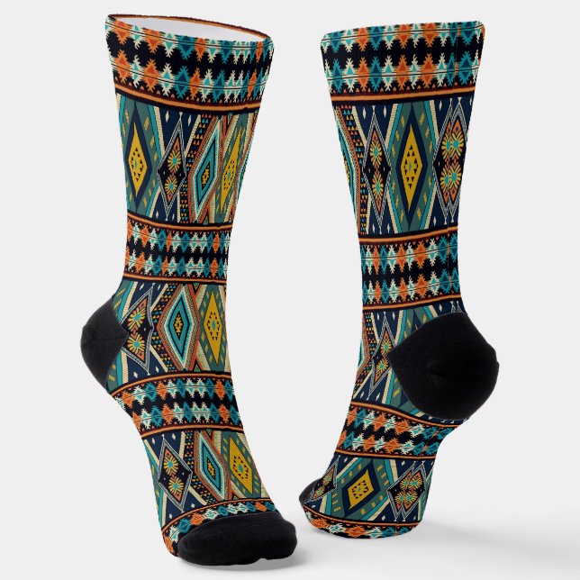 Colourful ethnic motive geometric pattern socks (Angled)