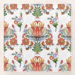Colourful Ethnic Petrykivka: Ukrainian Flowers. Glass Coaster