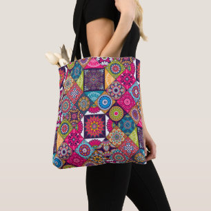 Colourful ethnic tiles pattern tote bag
