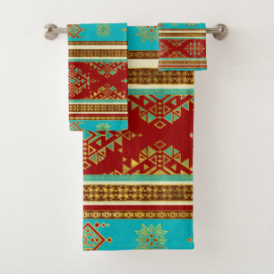 Colourful Etnic Ornament - teal and red Bath Towel Set
