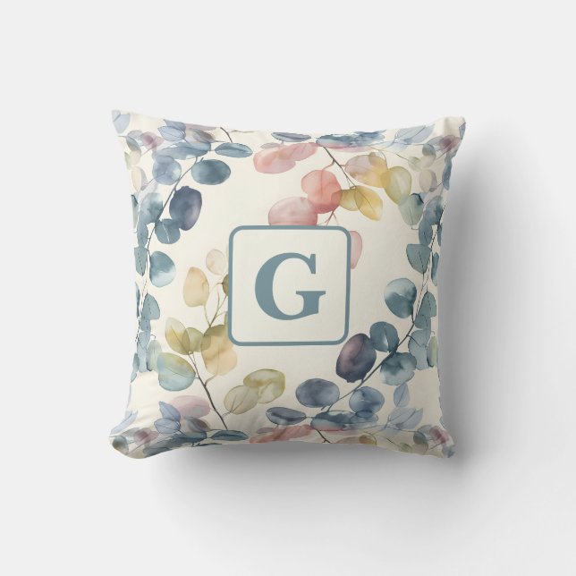  Colourful Eucalyptus Watercolor Leaves monogram  Cushion (Front)