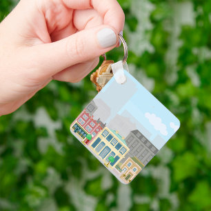 Colourful European City Street Urban Skyline Key Ring