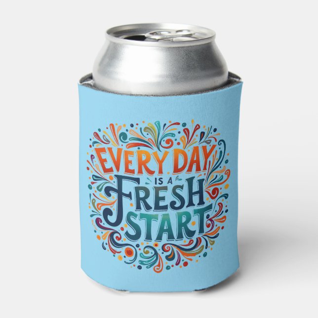 Colourful "Every Day is a Fresh Start" Blue Can Cooler (Can Front)