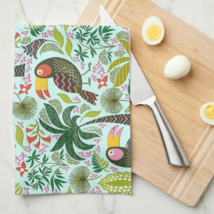 Colourful Exotic Birds And Flowers Pattern Tea Towel