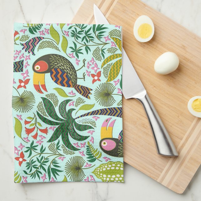 Colourful Exotic Birds And Flowers Pattern Tea Towel (Quarter Fold)