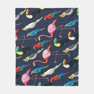 Colourful Exotic Birds Dark Pattern Fleece Blanket