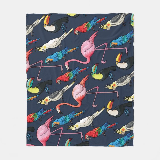 Colourful Exotic Birds Dark Pattern Fleece Blanket (Front)