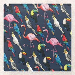 Colourful Exotic Birds Dark Pattern Glass Coaster