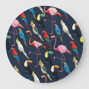 Colourful Exotic Birds Dark Pattern Large Clock